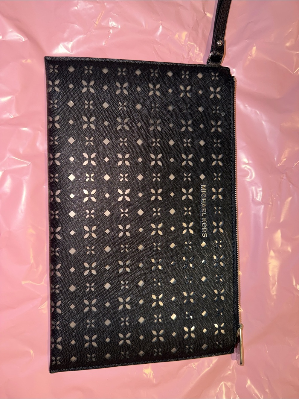 Michael Kors Black Laser-Cut Floral Wristlet Clutch jet set large
